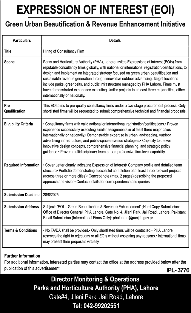 Parks & Horticulture Authority Lahore Tender Notice